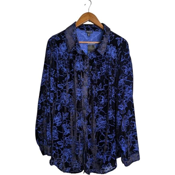NEW Torrid Madison Velvet Burnout Floral Button Up Shirt Womens 3X Blue Long Sle - Picture 1 of 14